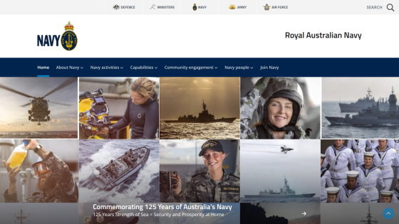 Royal Australian Navy website showcasing activities and personnel with a focus on 125 years of service.