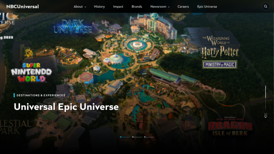 Universal Epic Universe promotional section with attractions highlighted.