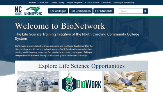 NC Community Colleges BioNetwork homepage with life science training info and options for colleges, companies, and students