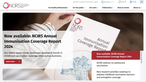 NCIRS homepage featuring the Annual Immunisation Coverage Report 2024 with navigation menu and key announcements