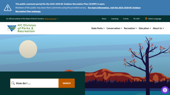 Homepage of HC Division of Parks & Recreation with search bar and navigation links.