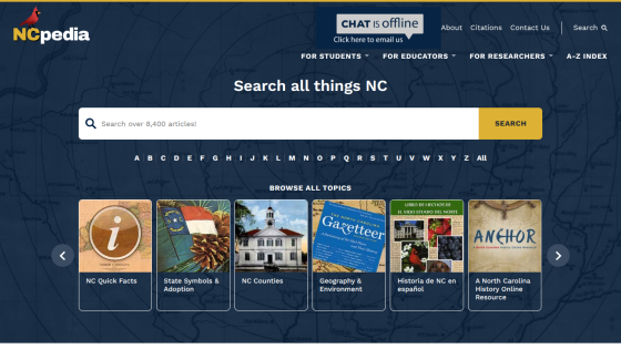 Homepage of NCpedia featuring search bar and various topics related to North Carolina.