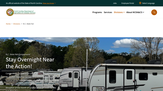 N.C. State Fair Campground page promoting overnight stay with full-hookup sites near I-40