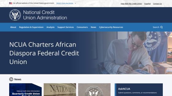 Homepage of the National Credit Union Administration featuring news about a new charter.