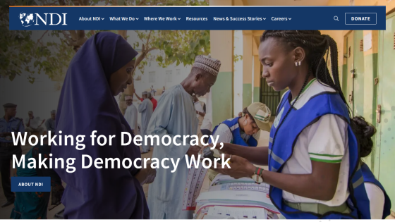 Homepage of NDI featuring the slogan 'Working for Democracy, Making Democracy Work' and a call to action button.
