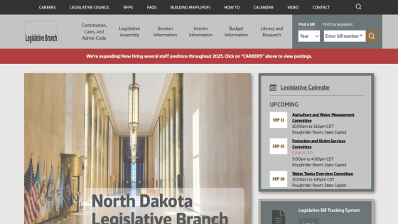 North Dakota Legislative Branch homepage featuring navigation and upcoming events.