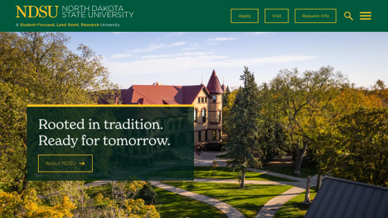 NDSU homepage featuring a historic building and the tagline 'Rooted in tradition. Ready for tomorrow.'