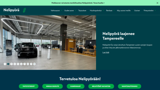 Nelipyörä website showing car showroom and announcement of expansion to Tampere with navigation menu