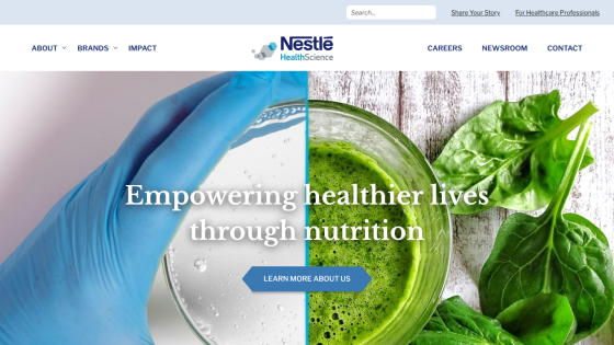 Nestlé Health Science homepage with navigation and hero section promoting healthier lives through nutrition