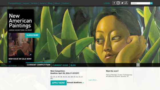 Homepage of New American Paintings featuring a competition announcement and subscription option.