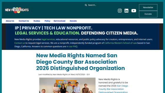 New Media Rights announcement about being named a distinguished organization by the San Diego Bar Association.