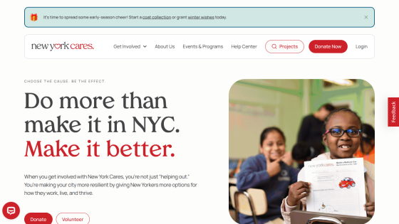 New York Cares homepage encouraging involvement to improve NYC with donate and volunteer options
