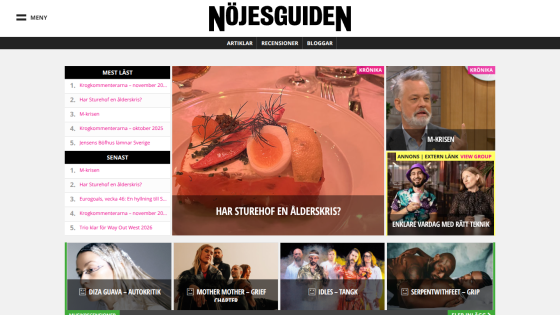 Nöjesguiden website showing articles, reviews, and blog navigation with featured stories and images