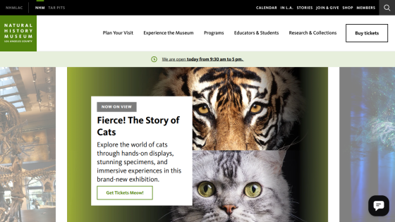 National Museum website promoting 'Fierce! The Story of Cats' exhibition with images of a tiger and a cat.