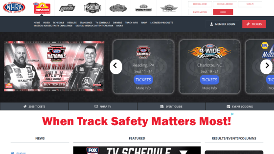 NASCAR event promotion with ticket options and safety message prominently displayed.