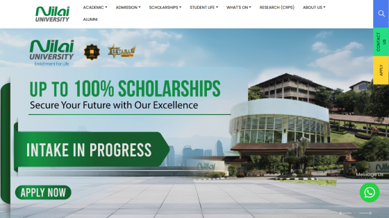 Nilai University homepage promoting scholarships and intake information.