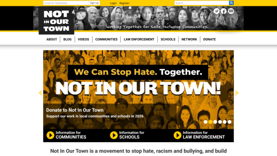 Homepage of Not In Our Town with a call to action against hate and bullying.