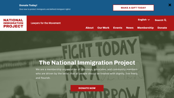The National Immigration Project homepage with a call to donate and a background image of a protest sign saying Fight Today for a Better Tomorrow