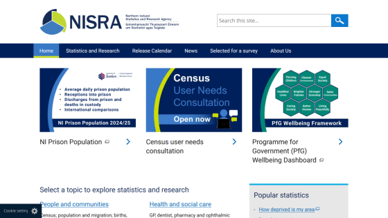Northern Ireland Statistics and Research Agency homepage with navigation and census consultation highlights