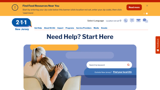 New Jersey 211 website with search bar and Need Help? Start Here headline