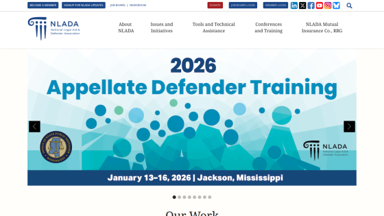 NLADA website header with navigation and 2026 Appellate Defender Training event in Jackson, Mississippi, January 13-16, 2026