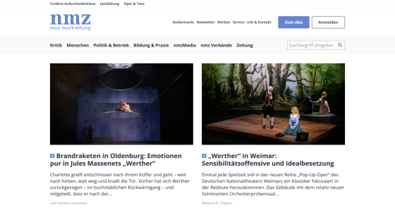 Neue Musikzeitung homepage with articles on Jules Massenet's Werther in Oldenburg and Weimar featuring theatrical images