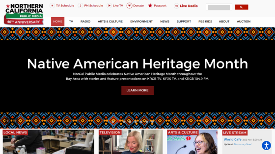 Northern California Public Media homepage highlighting Native American Heritage Month with navigation and news sections