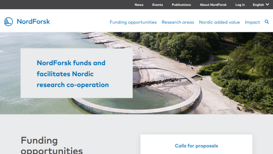 NordForsk website highlighting funding and facilitation of Nordic research cooperation with navigation links