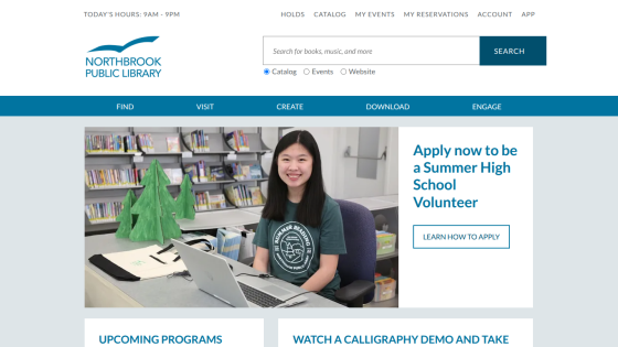 Northbrook Public Library homepage featuring a volunteer application and upcoming programs.