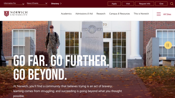 Norwich University homepage featuring a soldier and the slogan 'Go far. Go further. Go beyond.'
