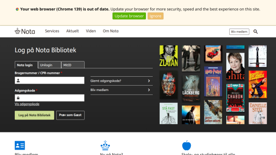 Login page for Nota Bibliotek with user ID and password fields and book cover images on the right