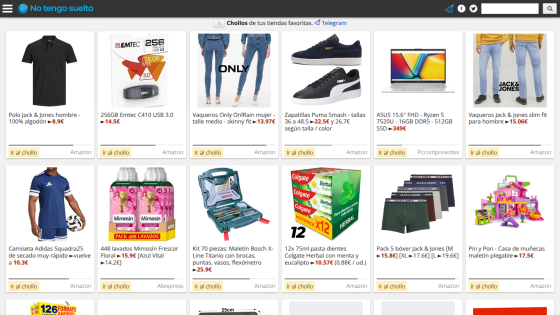 E-commerce page showing various discounted products including clothing, electronics, and household items with prices and purchase links