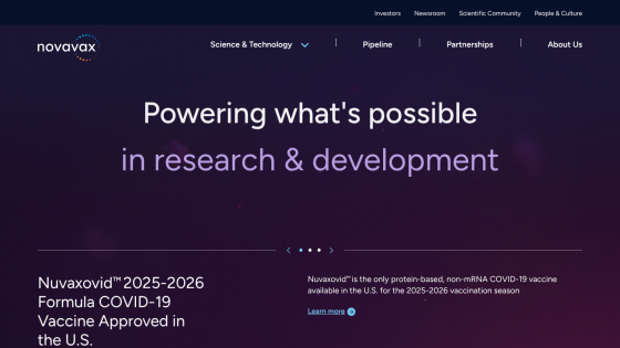 Homepage of Novavax highlighting research and development in COVID-19 vaccine.