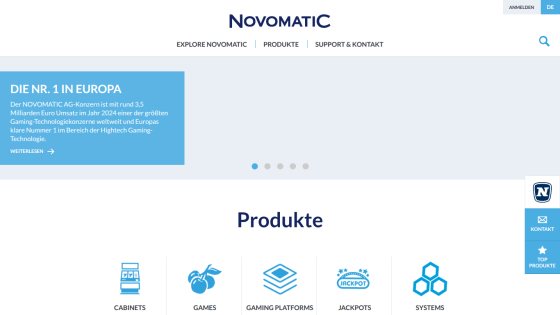 Novomatic website featuring a headline about being number one in Europe and product categories.