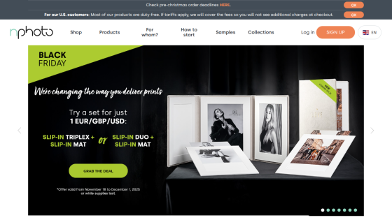 Black Friday offer on photo print sets with slip-in triplex or duo and mat, plus navigation and sign-up options