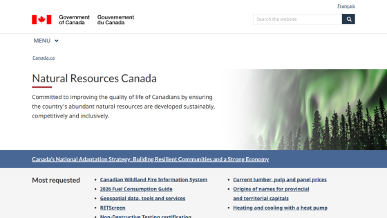 Natural Resources Canada homepage with mission statement and resource links.