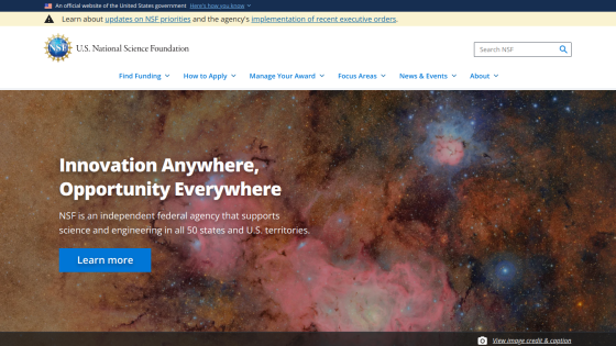 U.S. National Science Foundation homepage featuring a cosmic background and a call to action for innovation and opportunity.