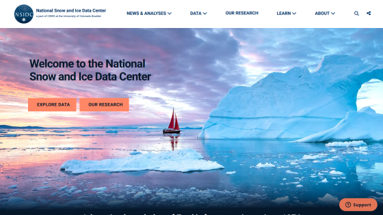 Homepage of the National Snow and Ice Data Center with a scenic ice landscape and navigation options.