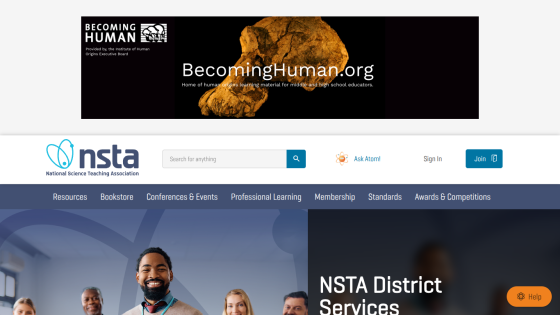 NSTA website featuring resources and services for educators, with a prominent hero section.