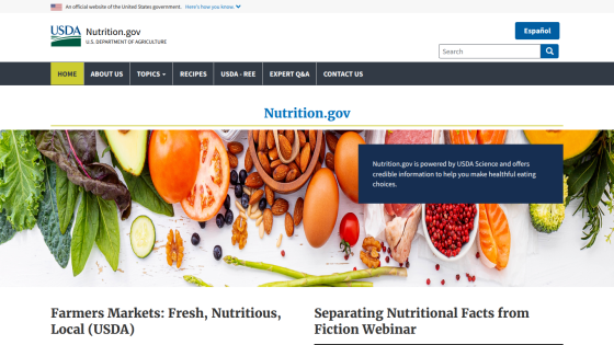Nutrition.gov homepage featuring fresh produce and links to resources.