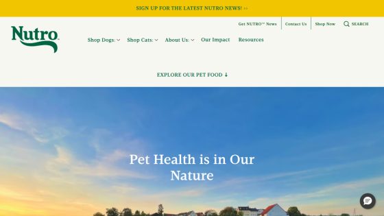 Nutro pet food website with navigation and hero section titled 'Pet Health is in Our Nature'