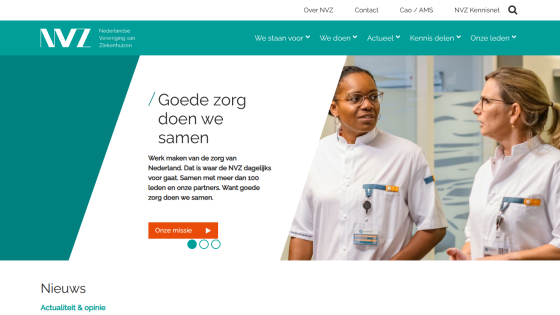 NVZ website hero with mission statement about good healthcare in the Netherlands and image of two healthcare professionals