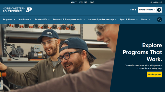 Northwestern Polytechnic homepage with navigation menu and hero section promoting career-focused programs