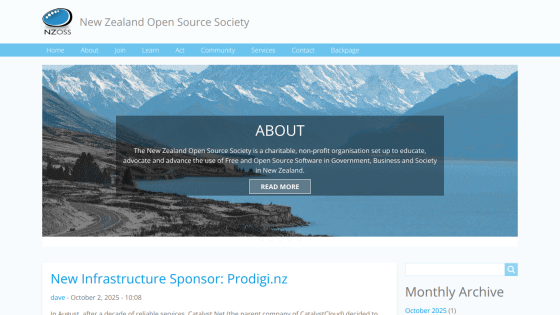 New Zealand Open Source Society homepage with navigation and an about section describing its mission to promote free and open source software in New Zealand