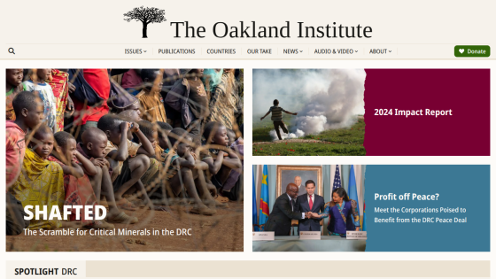 The Oakland Institute homepage featuring articles on critical minerals in the DRC, 2024 Impact Report, and corporations benefiting from the DRC peace deal.