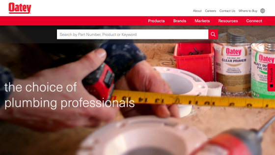 Oatey website homepage with navigation bar and hero section promoting plumbing products