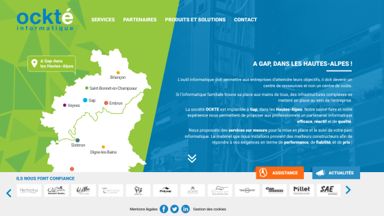 Ockte Informatique homepage showing services and location in Hautes-Alpes with company description and client logos