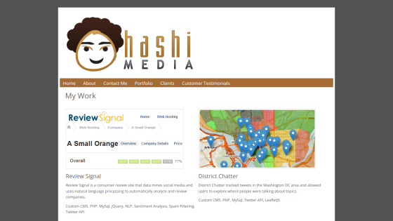 Hashi Media homepage with navigation and featured projects Review Signal and District Chatter