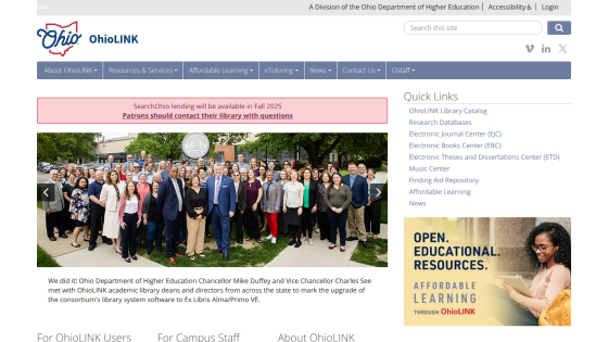 OhioLINK homepage featuring a group photo and navigation links for resources and learning.