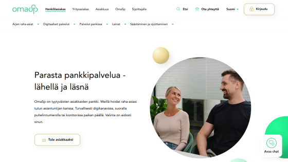 Banking service homepage with headline about best banking service nearby and a photo of two people smiling